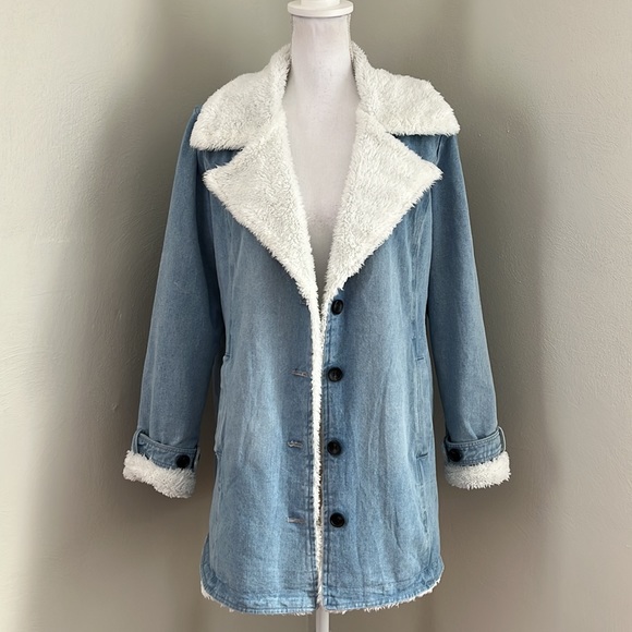 Faux Sherling Lined Denim Long Coat - Picture 2 of 9